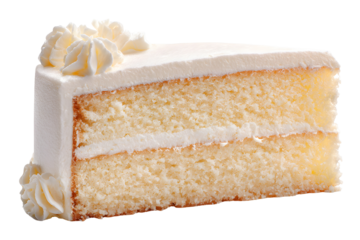 Delicious slice of vanilla cake with white frosting and cream decorations isolated on a transparent background
