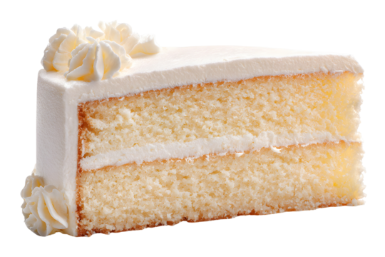 Delicious slice of vanilla cake with white frosting and cream decorations isolated on a transparent background