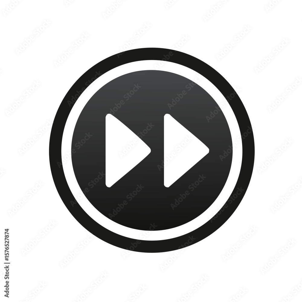 Poster black circular rewind symbol with two white arrows representing moving forward quickly, fast forward