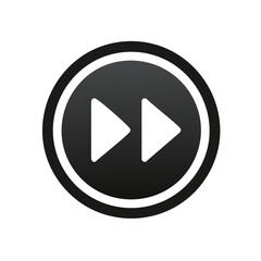 Black circular rewind symbol with two white arrows representing moving forward quickly, fast forwarding, skipping videos or music tracks.