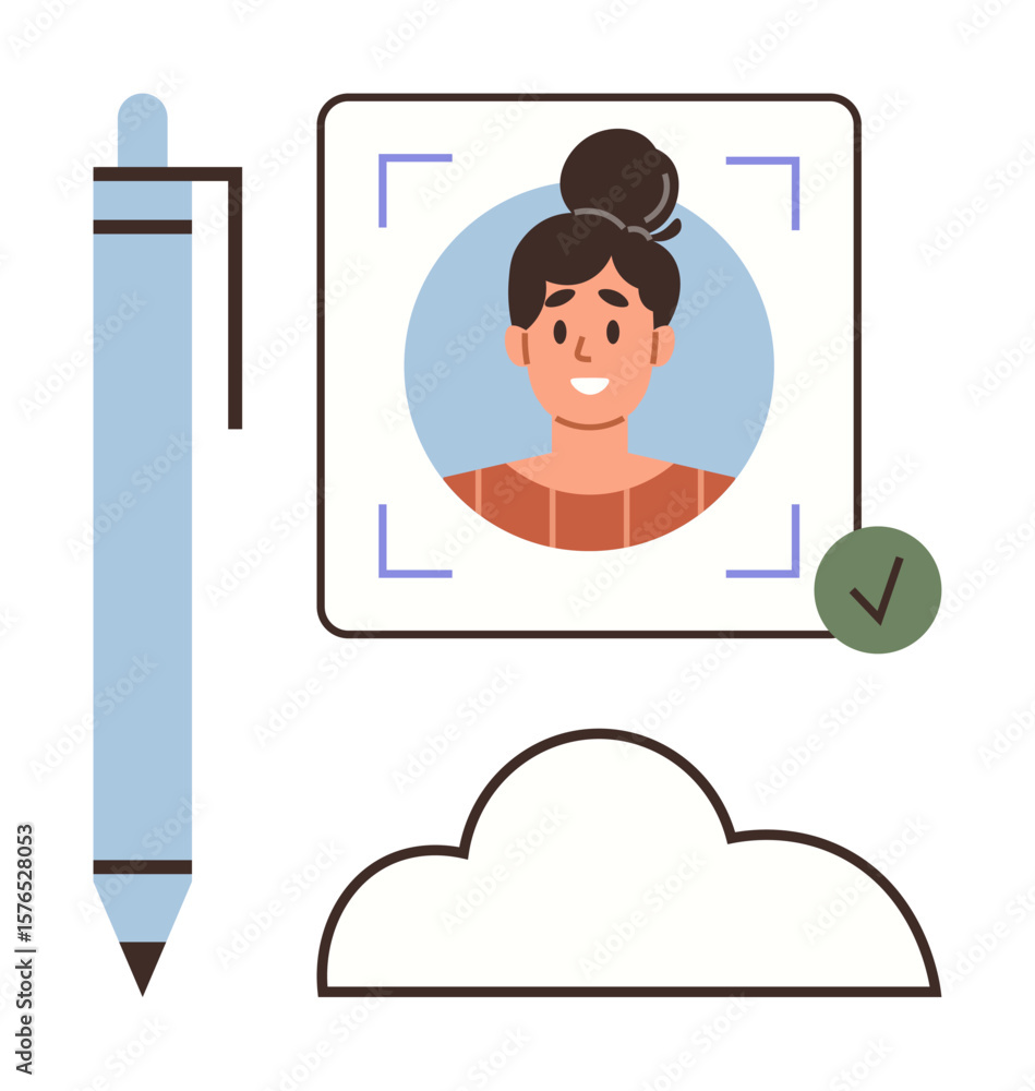 Poster pen, profile photo within scanning frame, cloud, green checkmark representing identity verification 