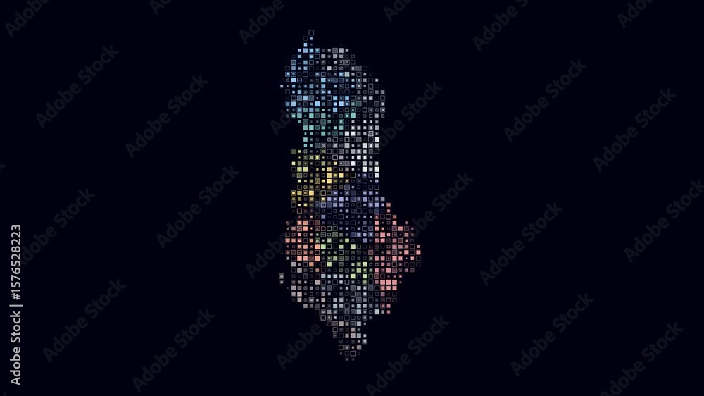 Poster Albania dotted animation. Shape of the country build of pulsating colored dots. Small size square blocks. Digital style map on dark background. Vibrant video.