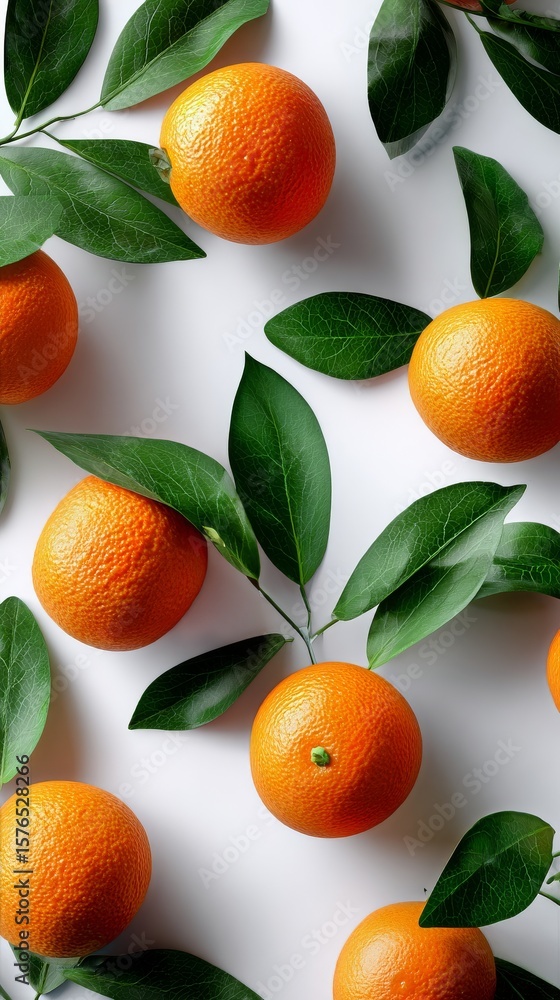 Poster fresh oranges with green leaves arranged on a white surface create a vibrant and inviting display