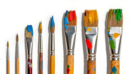 Obraz premium Multicolored paint brushes lying in a row on a white background
