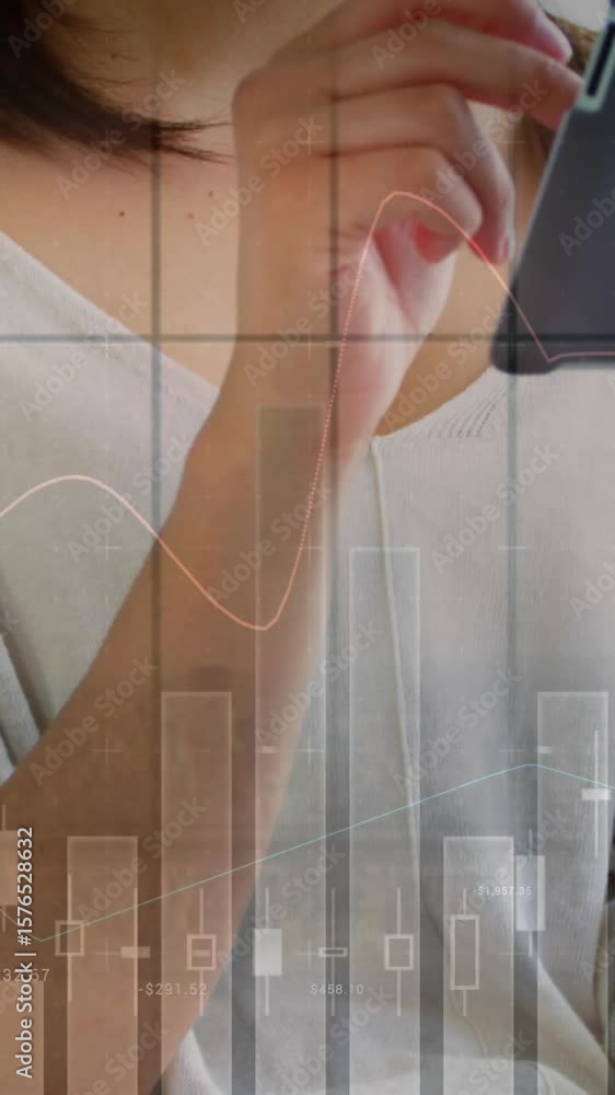 Aufkleber animation of statistical data processing over woman using digital tablet