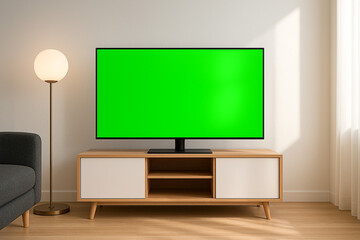 Modern living room: Green screen smart TV on light wood media console, minimalist style, bright natural light.