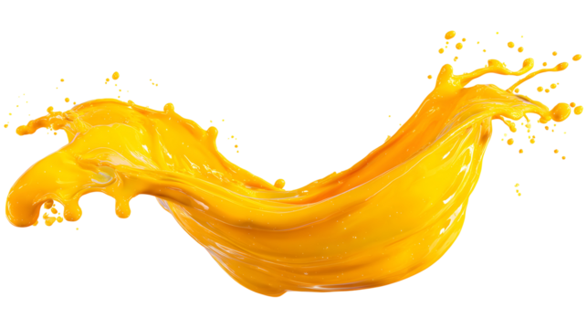 Dynamic yellow liquid splash wave with droplets isolated on a transparent background