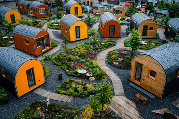 Aerial view of a modern eco-village featuring colorful modular cabins nestled within a lush, landscaped garden with winding wooden pathways creating a serene and sustainable community atmosphere.