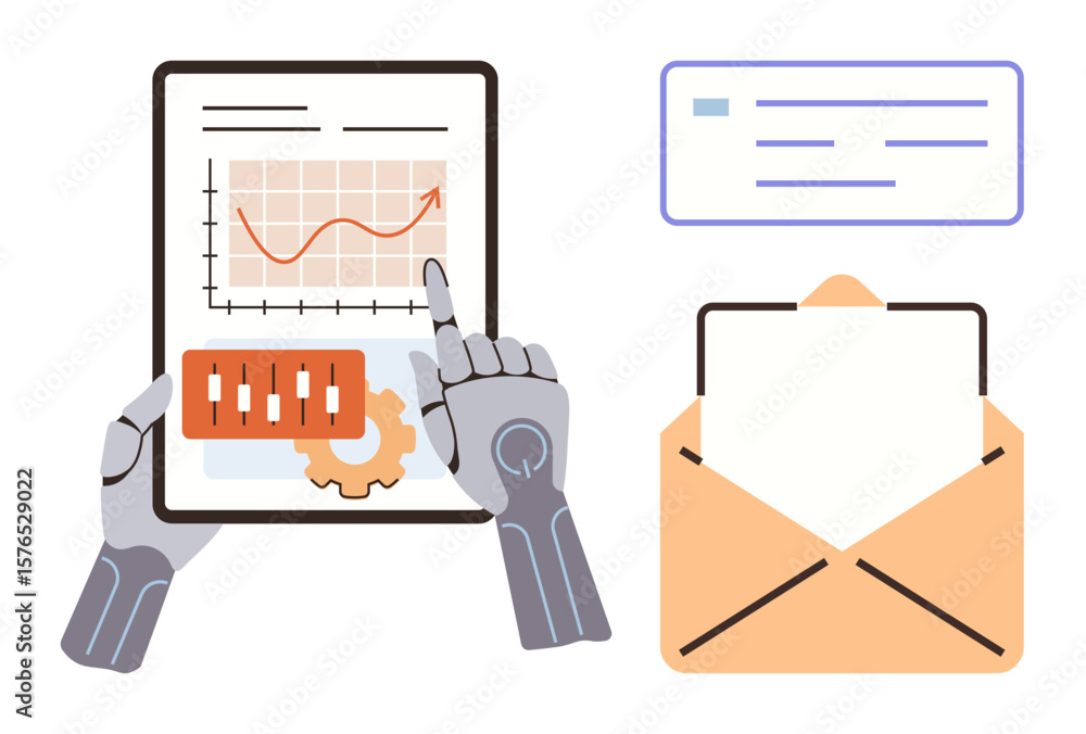 Aufkleber robotic hands interacting with a data-focused tablet, envelope with letter and abstract chart. ideal