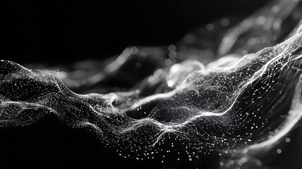 Abstract white flowing lines and dots on a dark background creating a network effect in motion design