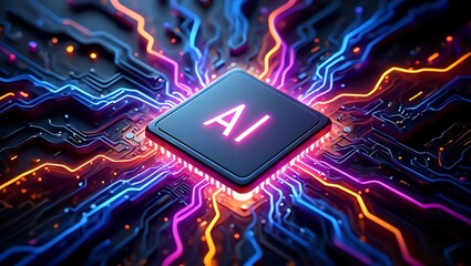 AI Chip with Glowing Circuitry, The Core of Artificial Intelligence and Neural Networks