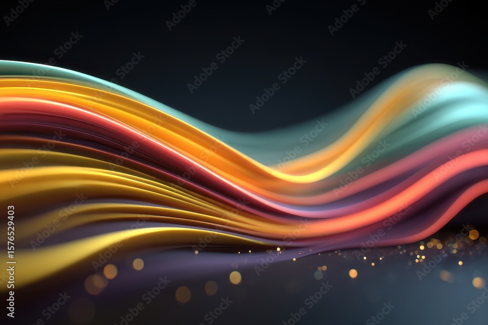 Poster abstract color paper layers show overlapping shapes with wavy forms in teal, yellow, orange and dark
