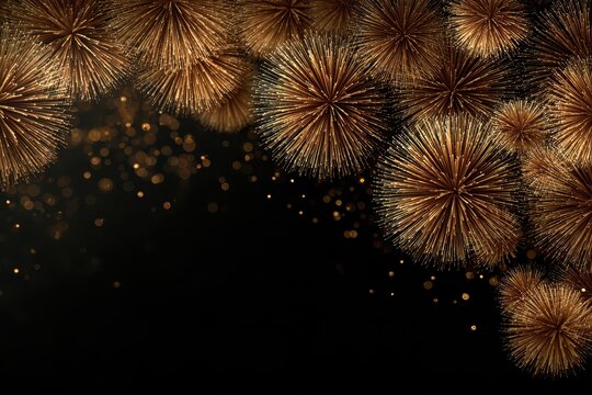 Golden glittery fireworks and leaves decorate a black background with scattered confetti, creating a festive and elegant atmosphere for a party or celebration - Powered by Adobe