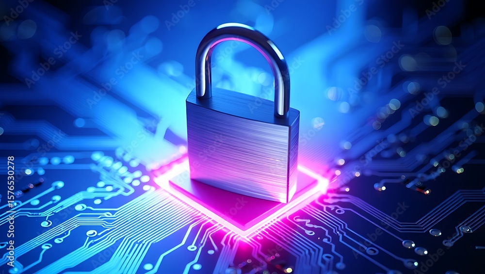 Poster padlock on illuminated circuit board represents cybersecurity , protecting digital information with 
