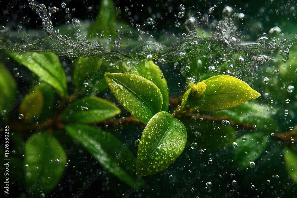 Poster green leaves beneath water surface with bubbles and ripples creating abstract texture and sparkling 