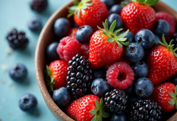Obraz premium A bowl filled with a variety of fresh berries, including strawberries, blueberries, raspberries, and blackberries