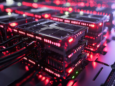 Close up of a server rack with glowing red LED lights and intricate circuitry, representing advanced technology and data processing in a modern server room environment.