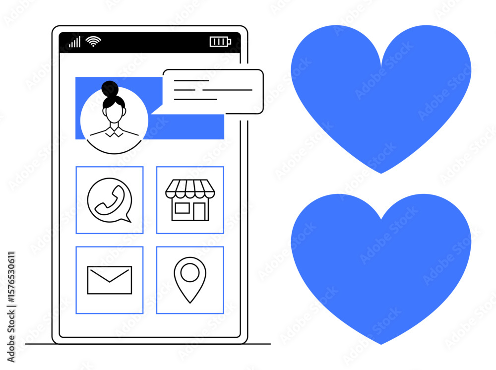 Aufkleber mobile app profile interface with user avatar, messaging bubble, contact and navigation icons, and t