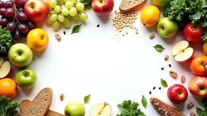 Healthy Eating Pattern: Fresh Fruit, Green Vegetables, Almonds, and Bread in a Minimalist Setting