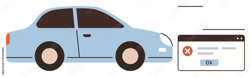 Aufkleber blue sedan car paired with error warning popup window indicating system issues. ideal for technology