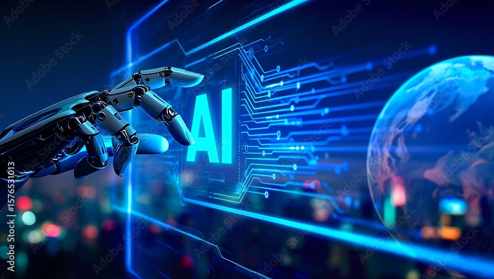Poster ai powering global networks: a futuristic view, digital transformation hand in tech development and 