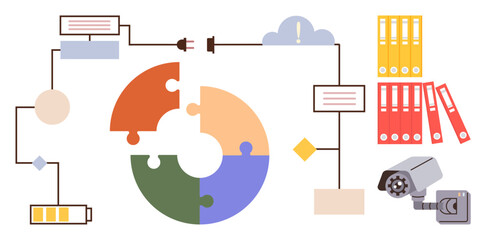 Circular puzzle, security camera, battery, cloud, and document folders connected in a flow diagram. Ideal for project planning, process mapping, system security, organization technology data
