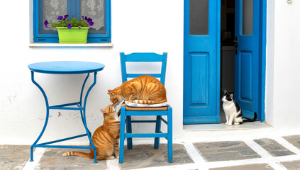 three cats in front of blue door and table in greek village scene


