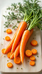Whole and Sliced Carrots. Carrots with Tops on Wooden Surface. Bright Root Vegetable for Healthy Eating