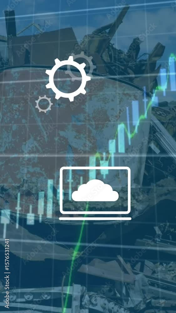 Poster animation of data processing and icons over rubbish dump