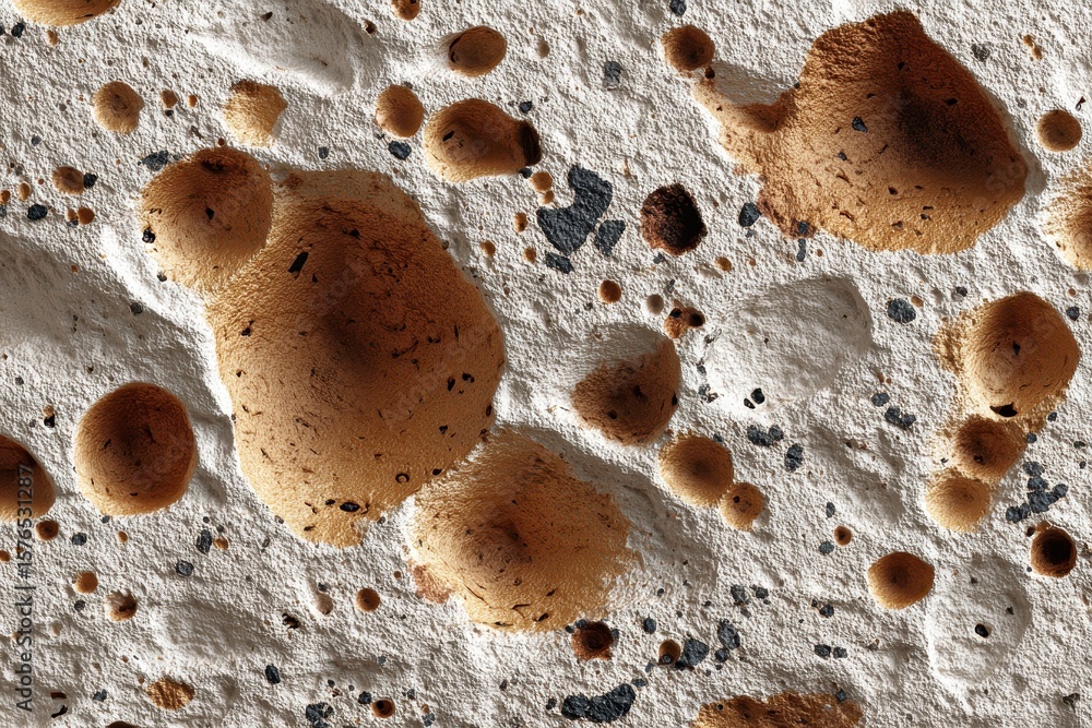 Poster abstract view of colorful paint on a textured stucco wall with circular indentations and depth, crea