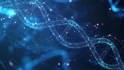 Abstract glowing blue DNA helix structure with interconnected nodes and particles on a dark background representing genetic research and biotechnology innovation