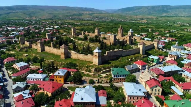 Panoramic aerial view of the historic akhaltsikhe rabati castle complex and surrounding town with colorful rooftops under a clear blue sky