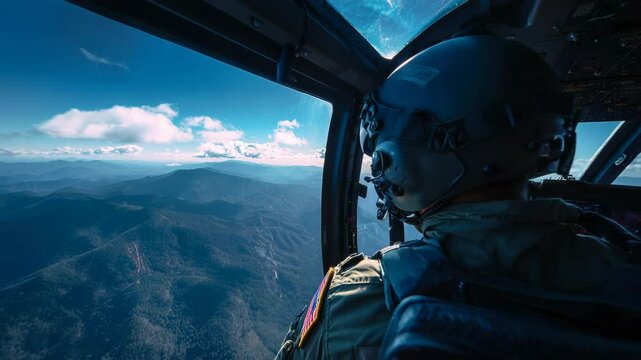 Helicopter flight over majestic mountain landscape with pilot view