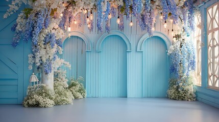 A whimsical room is adorned with blue and white wisteria, creating a magical backdrop for photos