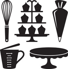 Baking tools and treats displayed on stands whisk cupcakes