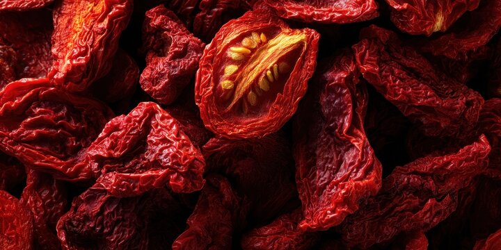 Closeup of Dehydrated Sundried Red Tomatoes: Delicious Ingredient on a Rustic Background