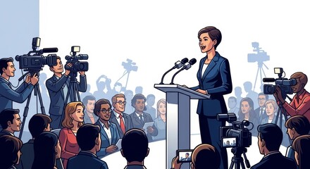 Fototapeta premium Dynamic Speaker Addresses Media and Diverse Audience, Symbolizing Effective Communication and Public Information Dissemination in a Modern Press Conference Setting.