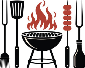 Barbecue grill with utensils and food fire flames