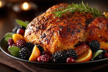 Festive whole roasted Chicken served on platter with fresh Fruits and rosemary sprigs for holiday dinner