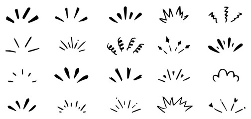 Hand drawn pop surprise line frame for title headline. Doodle shine sunburst sparkle ray elements. Vector illustration set.