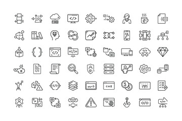 Collection of Line Art Icons Representing Software Development and Related Concepts
