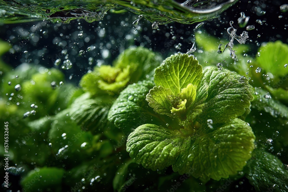 Aufkleber green leaves beneath water surface with bubbles and ripples creating abstract texture and sparkling 