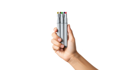 A hand holding three gray markers with colored tips against a plain black background studio shot view
