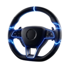 Futuristic Car Steering Wheel with Blue Lights on Isolated transparent background png. generated with AI