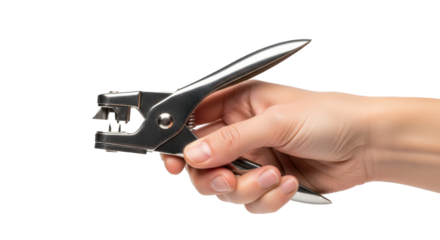 A hand holding a silver metal staple remover against a black background in a studio shot image view