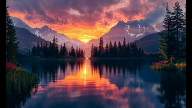 Tranquil lake reflecting vivid sunset sky with mountains and pine trees, painted style on natural background, concept of serene wilderness beauty