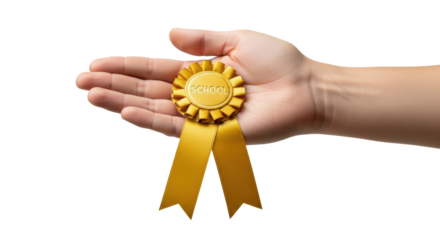A hand holding a gold school award ribbon with the word school written on the center of the award