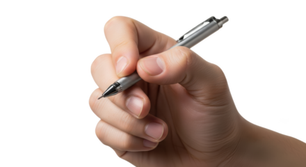 A human hand holding a silver mechanical pencil against a black background in a studio setting shot