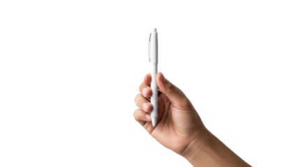 A hand holding a white pen against a black background in a studio shot with soft lighting effect