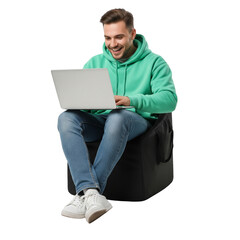 young man on bean bag chair using laptop on Isolated transparent background png. generated with AI